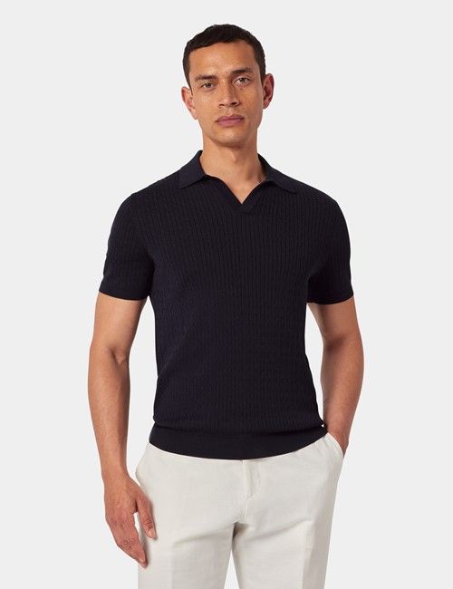 Midnight Navy Open Collar Cable Knitted Cotton Polo Shirt – Short Sleeve