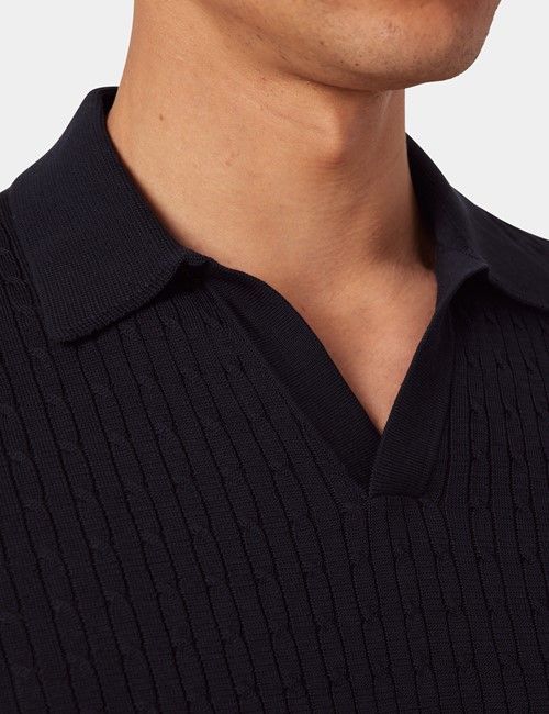 Midnight Navy Open Collar Cable Knitted Cotton Polo Shirt – Short Sleeve-preview