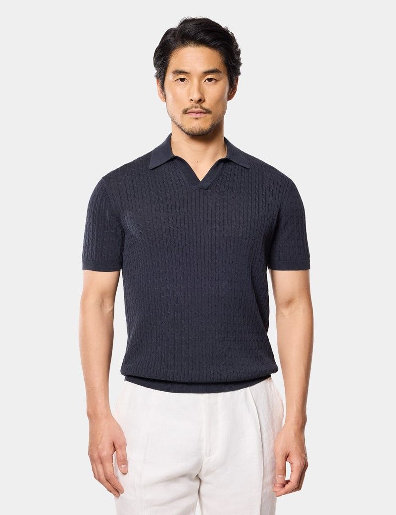 Midnight Navy Premium Cable Knit Polo Shirt – Short Sleeve