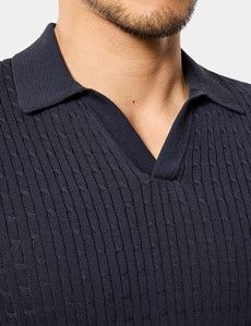 Midnight Navy Premium Cable Knit Polo Shirt – Short Sleeve