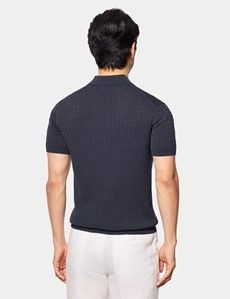 Midnight Navy Premium Cable Knit Polo Shirt – Short Sleeve