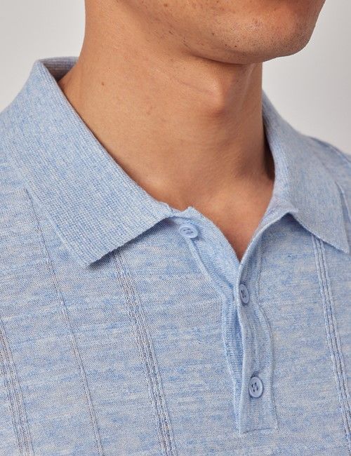 Cornflower Blue Melange Stripe Knitted Cotton Polo Shirt - Short Sleeve-preview