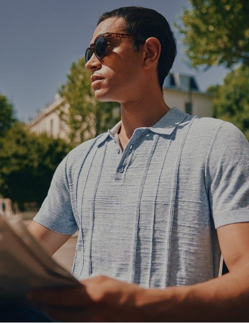 Cornflower Blue Melange Stripe Knitted Cotton Polo Shirt - Short Sleeve-preview