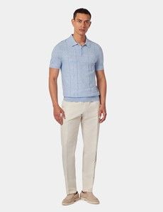 Slim Fit Cornflower Blue Melange Stripe Knitted Polo Shirt