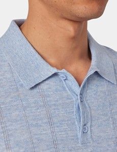 Slim Fit Cornflower Blue Melange Stripe Knitted Polo Shirt