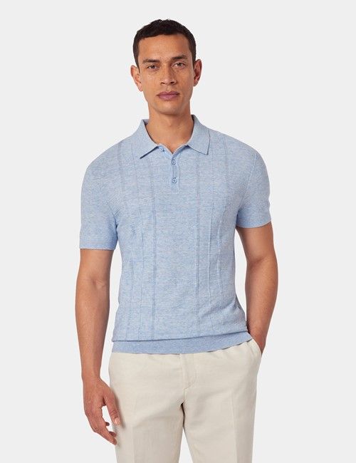 Cornflower Blue Melange Stripe Knitted Cotton Polo Shirt - Short Sleeve