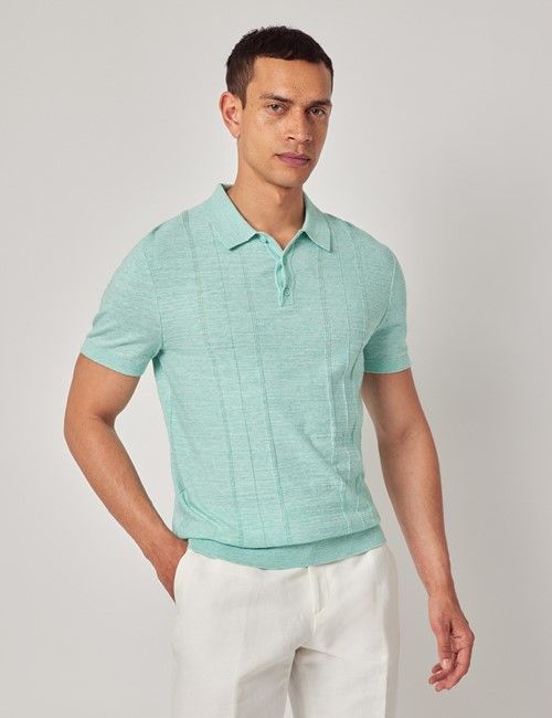Light Green Melange Stripe Knitted Cotton Polo Shirt - Short Sleeve