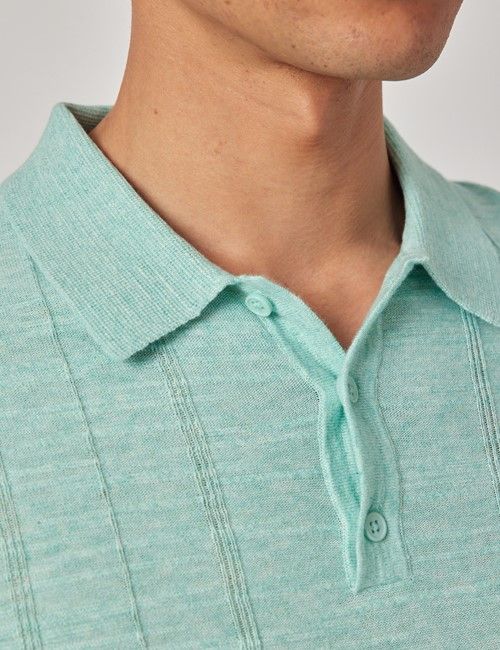 Light Green Melange Stripe Knitted Cotton Polo Shirt - Short Sleeve-preview
