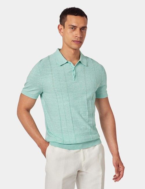 Light Green Melange Stripe Knitted Cotton Polo Shirt - Short Sleeve