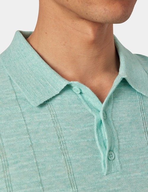 Light Green Melange Stripe Knitted Cotton Polo Shirt - Short Sleeve-preview