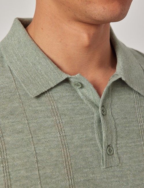 Thyme Green Melange Stripe Knitted Cotton Polo Shirt - Short Sleeve-preview