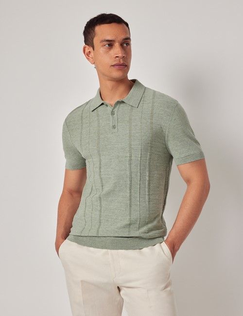 Thyme Green Melange Stripe Knitted Cotton Polo Shirt - Short Sleeve
