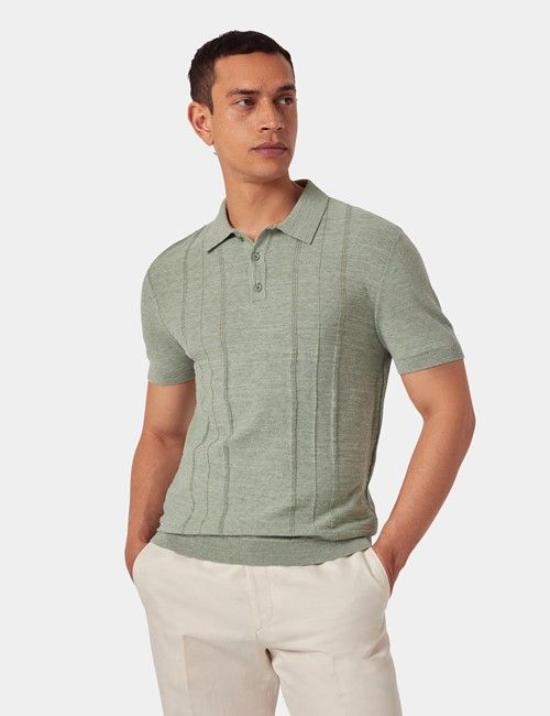 Thyme Green Melange Stripe Knitted Cotton Polo Shirt - Short Sleeve