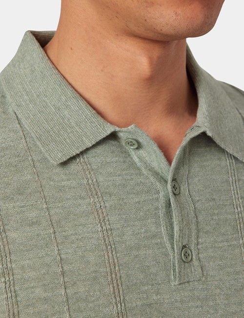 Thyme Green Melange Stripe Knitted Cotton Polo Shirt - Short Sleeve-preview