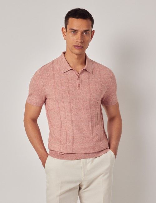 Washed Red Melange Stripe Knitted Cotton Polo Shirt - Short Sleeve