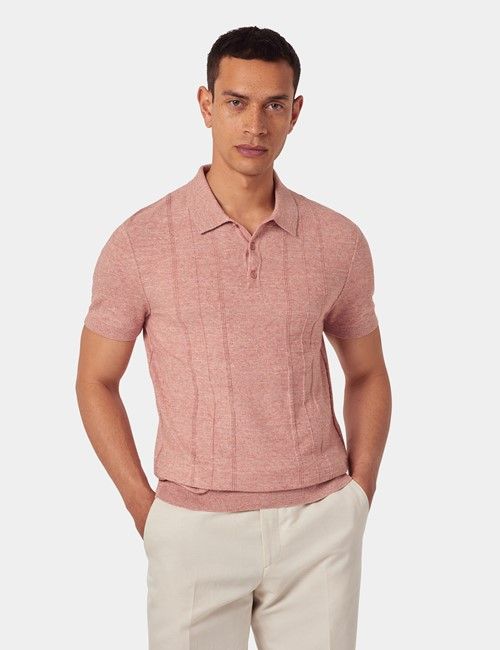 Washed Red Melange Stripe Knitted Cotton Polo Shirt - Short Sleeve