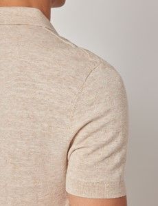 Light Beige Melange Stripe Knitted Cotton Polo Shirt - Short Sleeve-preview4