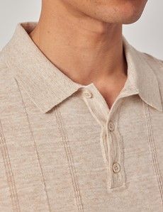 Light Beige Melange Stripe Knitted Cotton Polo Shirt - Short Sleeve-preview1
