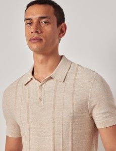 Light Beige Melange Stripe Knitted Cotton Polo Shirt - Short Sleeve-preview2