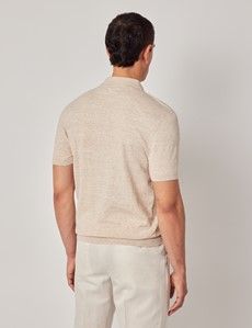 Light Beige Melange Stripe Knitted Cotton Polo Shirt - Short Sleeve-preview3