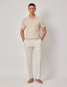 Light Beige Melange Stripe Knitted Cotton Polo Shirt - Short Sleeve-preview5