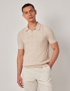 Light Beige Melange Stripe Knitted Cotton Polo Shirt - Short Sleeve