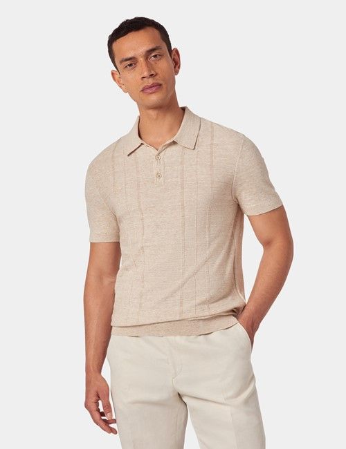 Light Beige Melange Stripe Knitted Cotton Polo Shirt - Short Sleeve