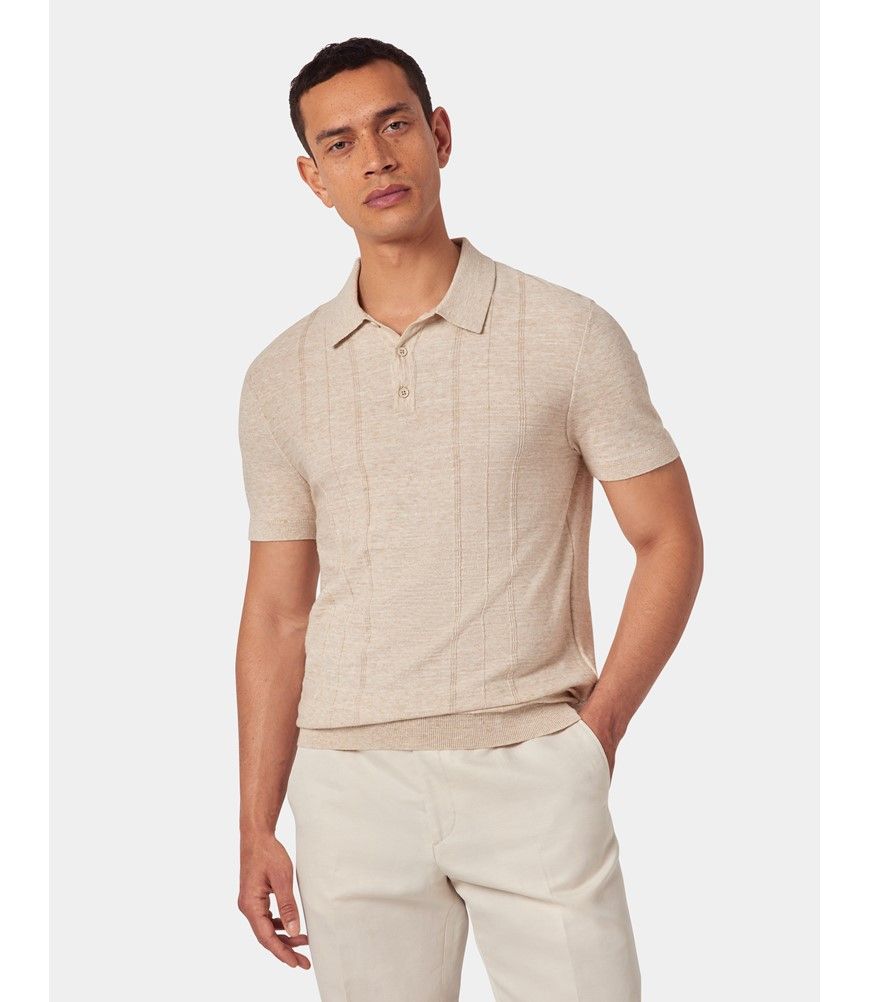 Men's Light Beige Melange Stripe Knitted Cotton Polo Shirt