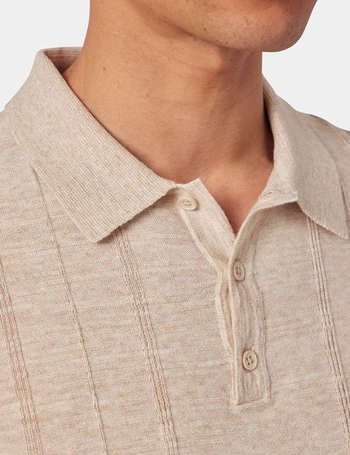 Light Beige Melange Stripe Knitted Cotton Polo Shirt - Short Sleeve-preview