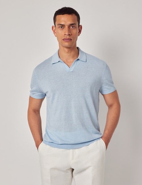 Light Blue Open Collar Linen Polo Shirt – Short Sleeve