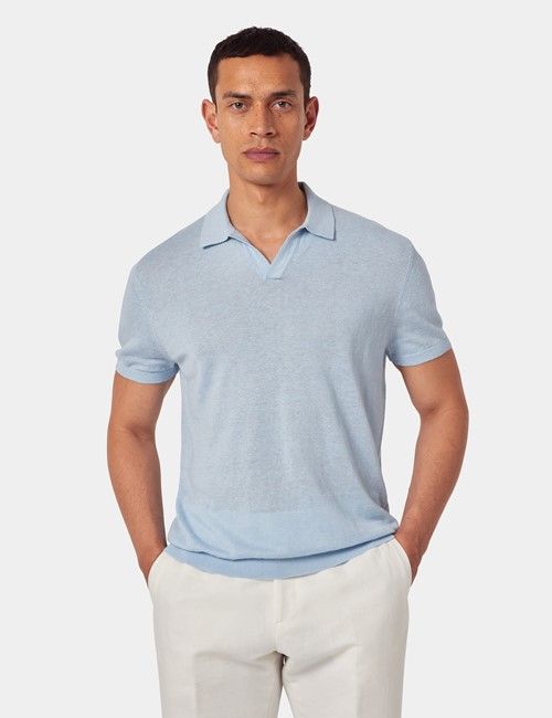 Light Blue Open Collar Linen Polo Shirt – Short Sleeve