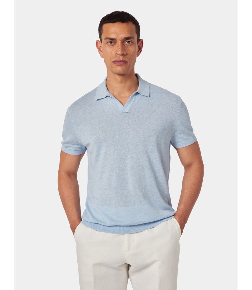 Men's Light Blue Open Collar Linen Polo Shirt – Short Sleeve