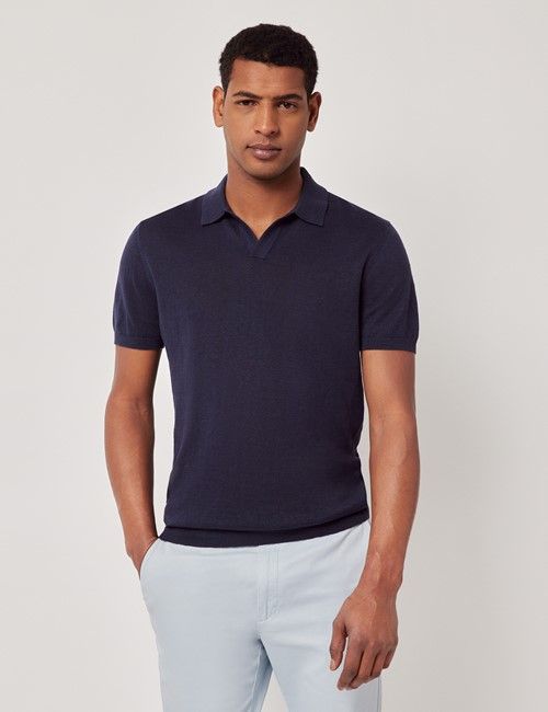 Navy Open Collar Linen Polo Shirt – Short Sleeve