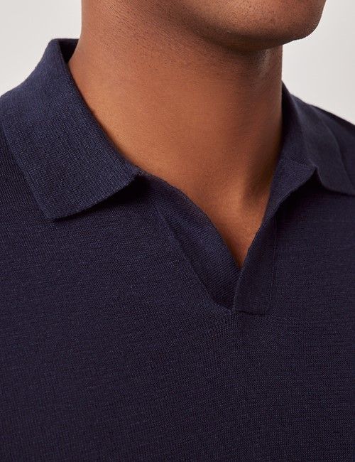 Navy Open Collar Linen Polo Shirt – Short Sleeve-preview