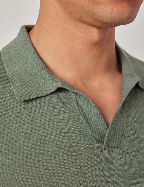 Dark Sage Open Collar Linen Polo Shirt – Short Sleeve-preview