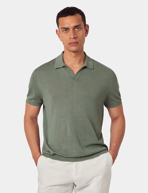 Dark Sage Open Collar Linen Polo Shirt – Short Sleeve