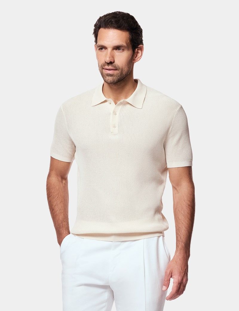 Cream Premium Open Knit Polo Shirt