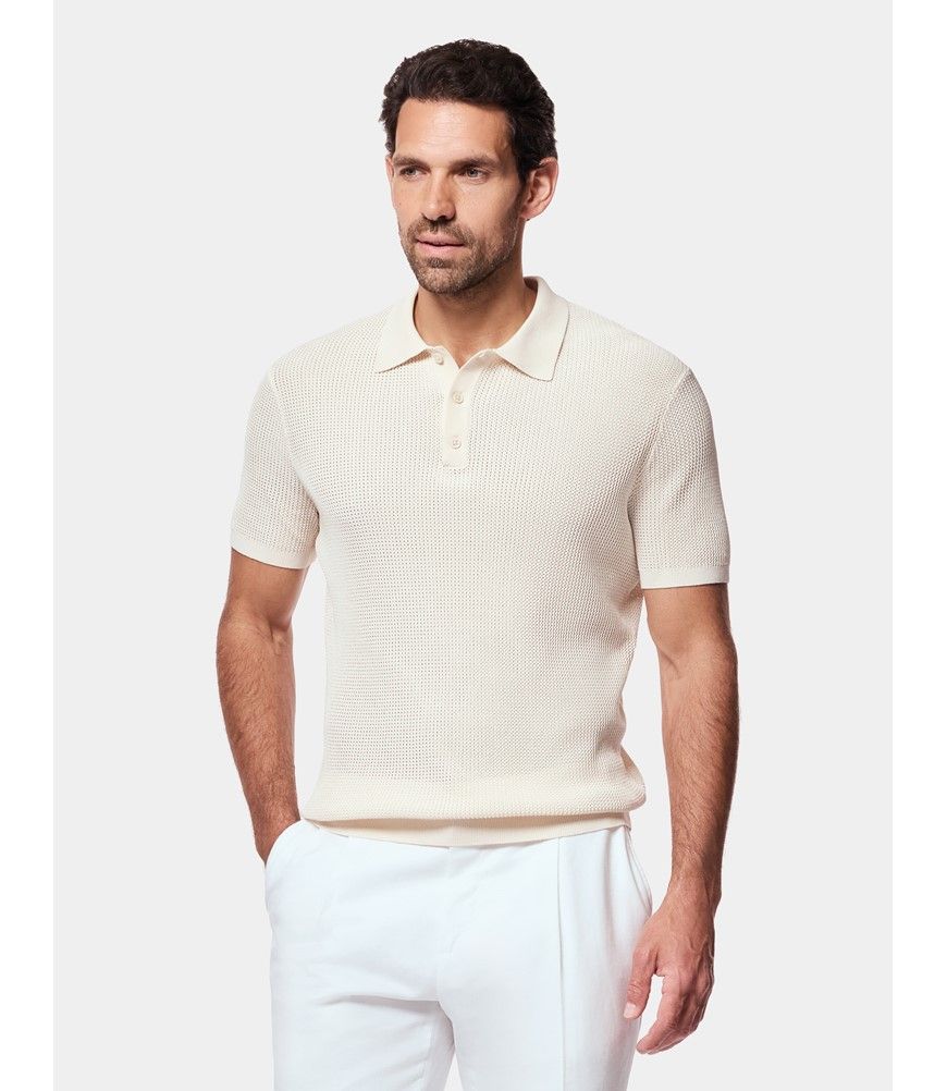 Men's Cream Open Knit Polo Shirt | Hawes and Curtis