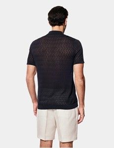 Midnight Navy Premium Button Through Zig Zag Stitch Polo Shirt