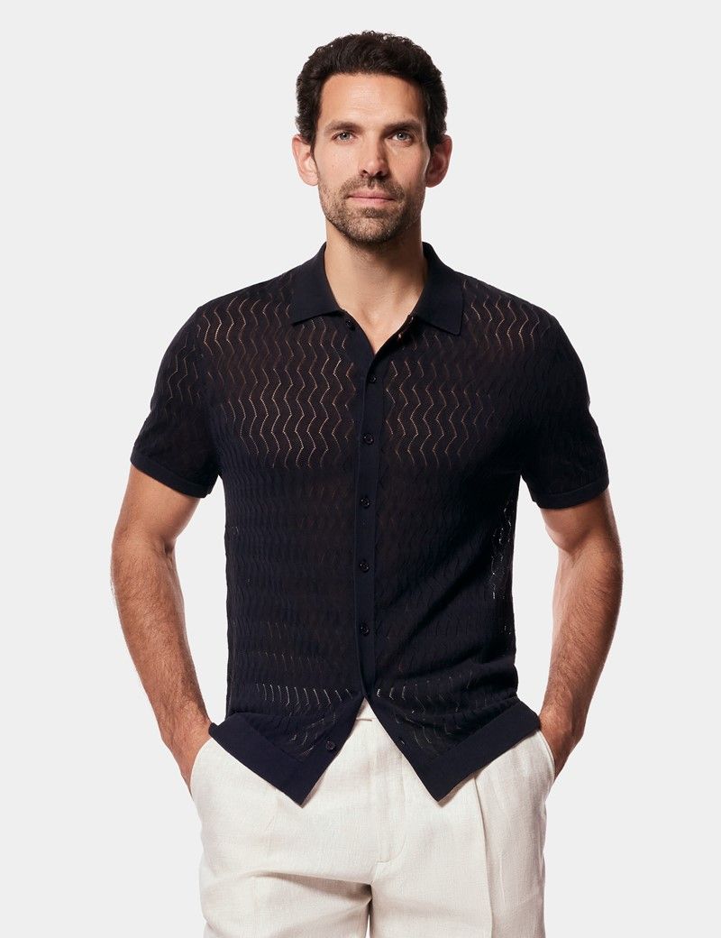 Midnight Navy Premium Button Through Zig Zag Stitch Polo Shirt