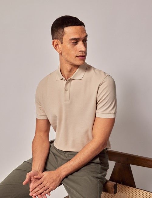 Beige Mercerized Cotton Polo Shirt - Short Sleeve