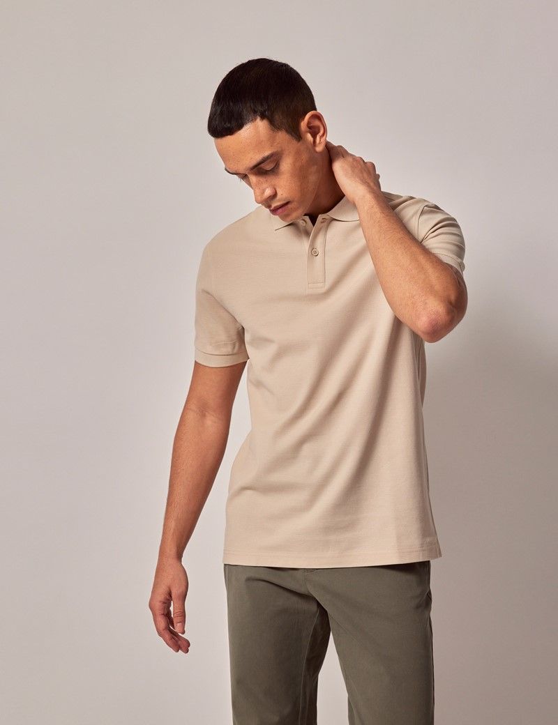 Men's Textured Beige Short Sleeve Polo T-Shirt with Contrast Collar