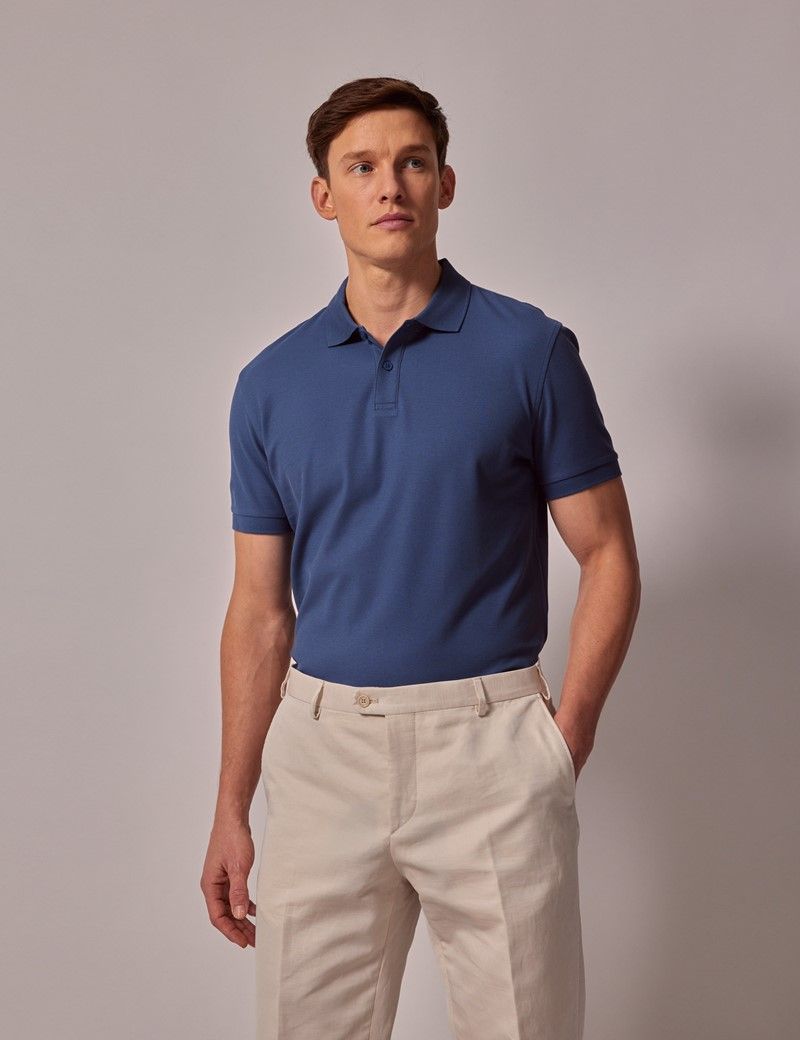 Men s Mid Blue Mercerised Cotton Polo Shirt Short Sleeve Hawes and Curtis