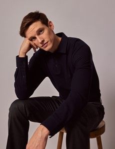 Navy Mercerised Cotton Polo Shirt – Long Sleeve