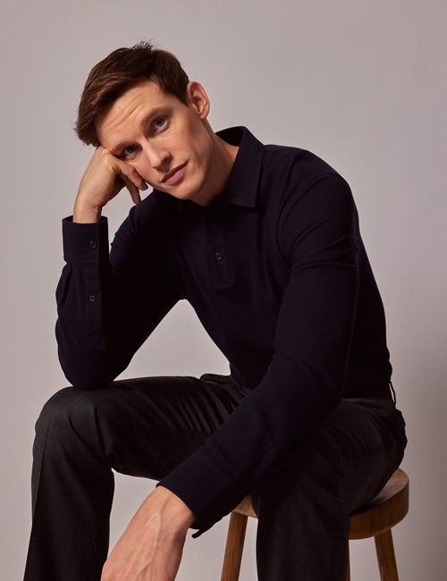 Navy Mercerised Cotton Polo Shirt – Long Sleeve