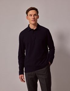 Navy Mercerised Cotton Polo Shirt – Long Sleeve-preview2