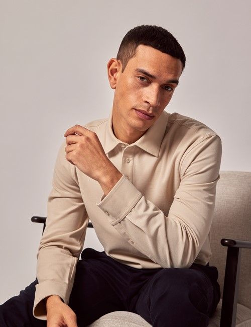 Beige  Mercerised Cotton Polo Shirt – Long Sleeve
