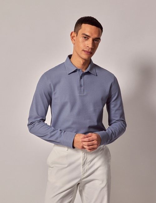 Ocean Blue Mercerised Cotton Polo Shirt – Long Sleeve