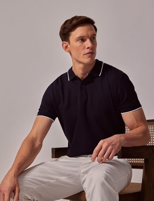 Navy Tipped Mercerised Cotton Polo Shirt – Short Sleeve
