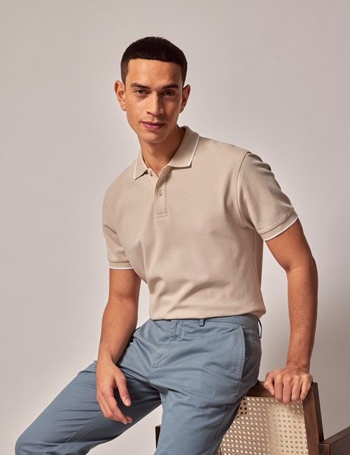 Beige Tipped Mercerized Cotton Polo Shirt – Short Sleeve